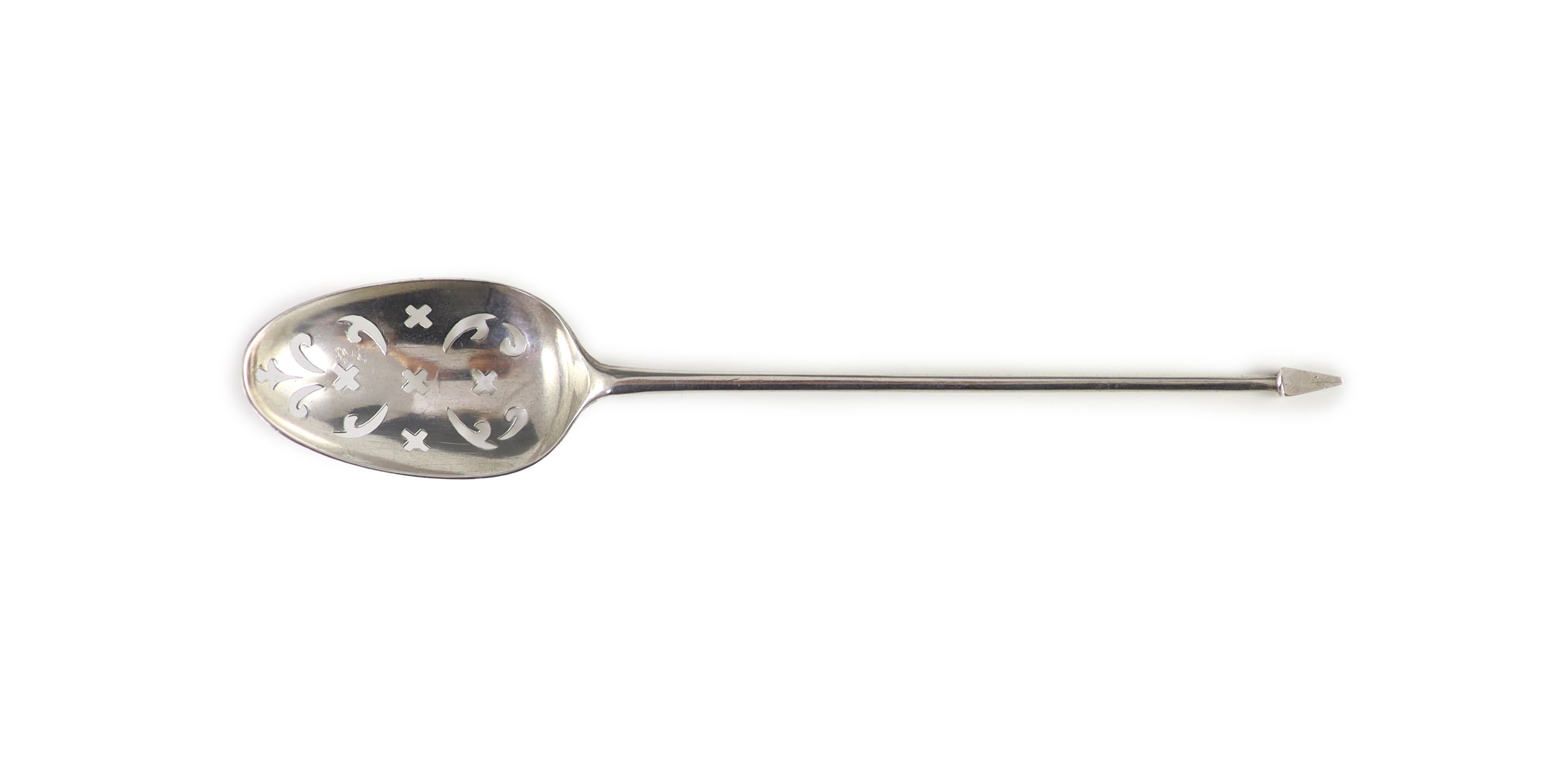 A George II silver mote spoon, c1750 by Ebenezer Coker, the bowl with shell back, 13.7cm.